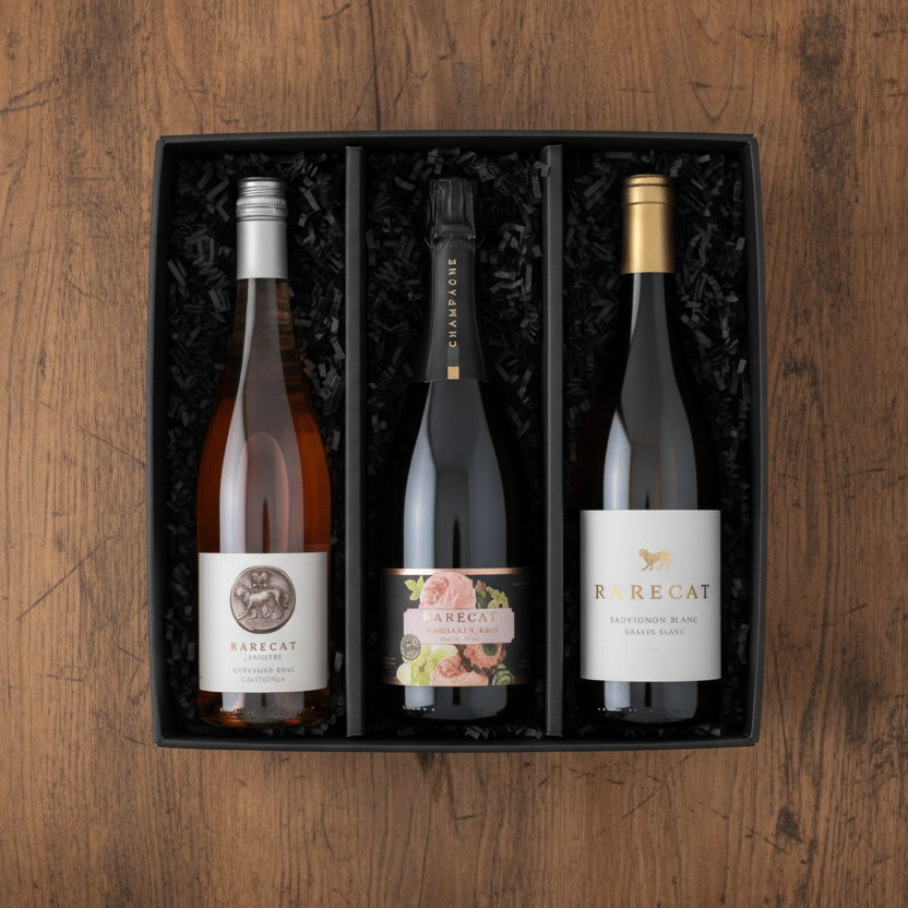 Three wine bottles in a gift box with 'Rarecat' branding.