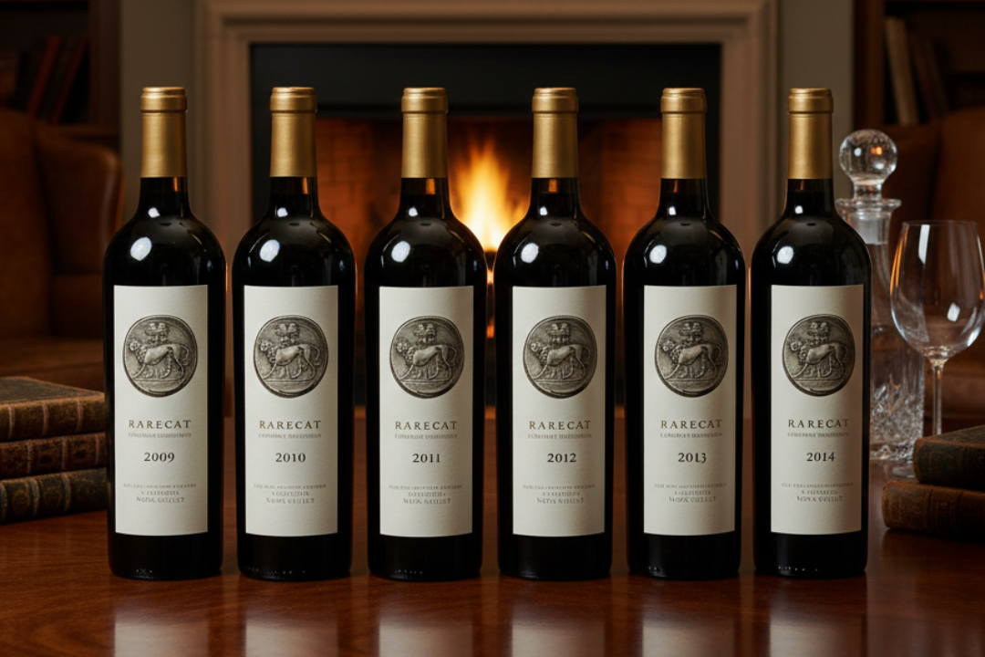 Row of wine bottles with labels in front of a fireplace