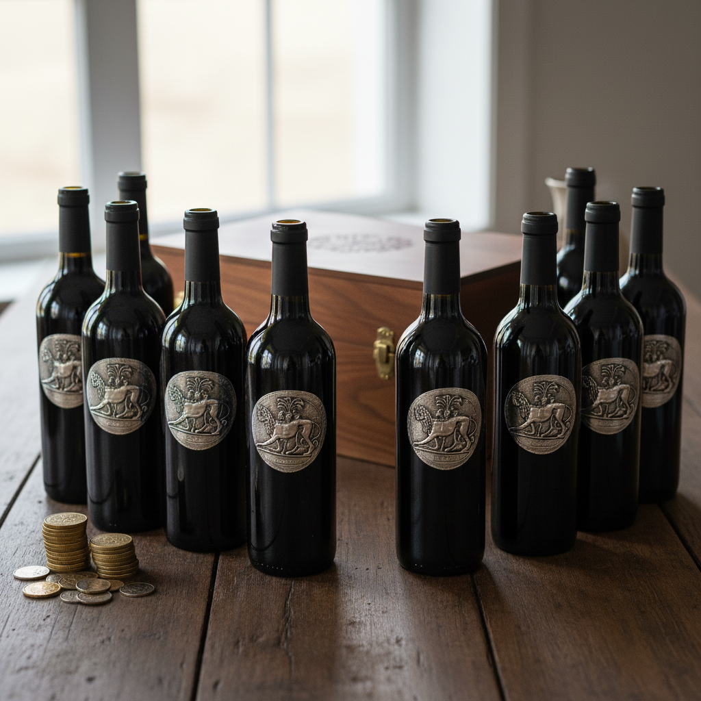 Row of wine bottles with labels on a wooden surface, with coins in the foreground.